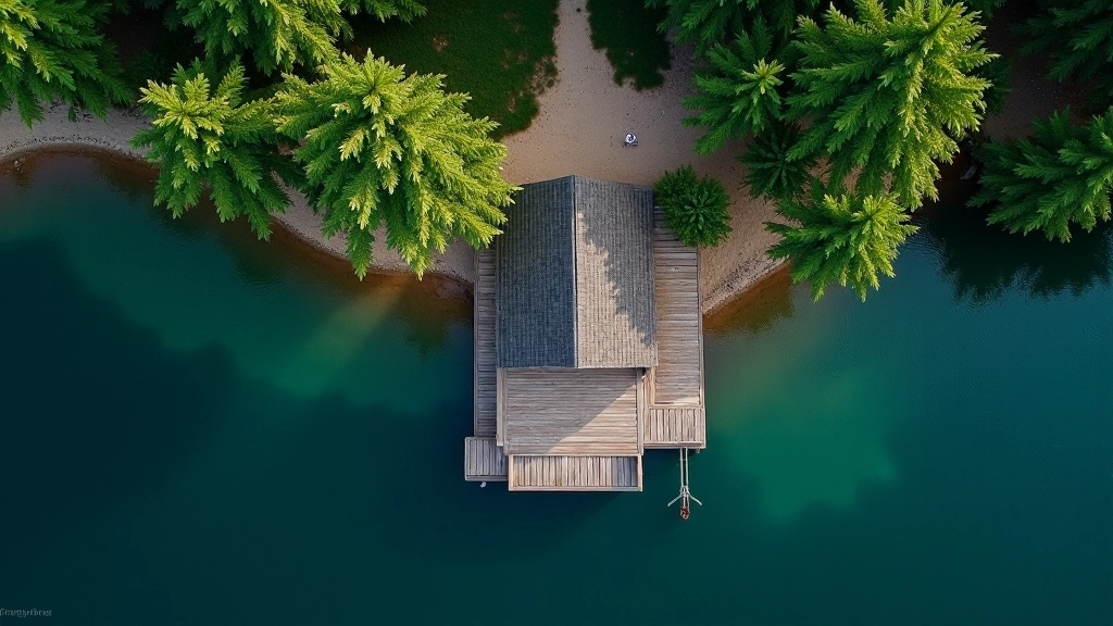 Aerial view of wooden cabin with deck extending over blue lake water, surrounded by forest trees and sandy beach