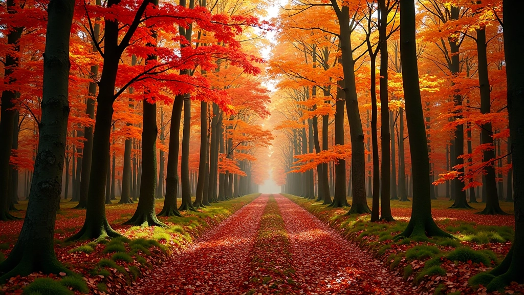 Autumn forest scene with golden and red foliage, tall trees, and natural forest floor covered with fallen leaves and moss in natural daylight