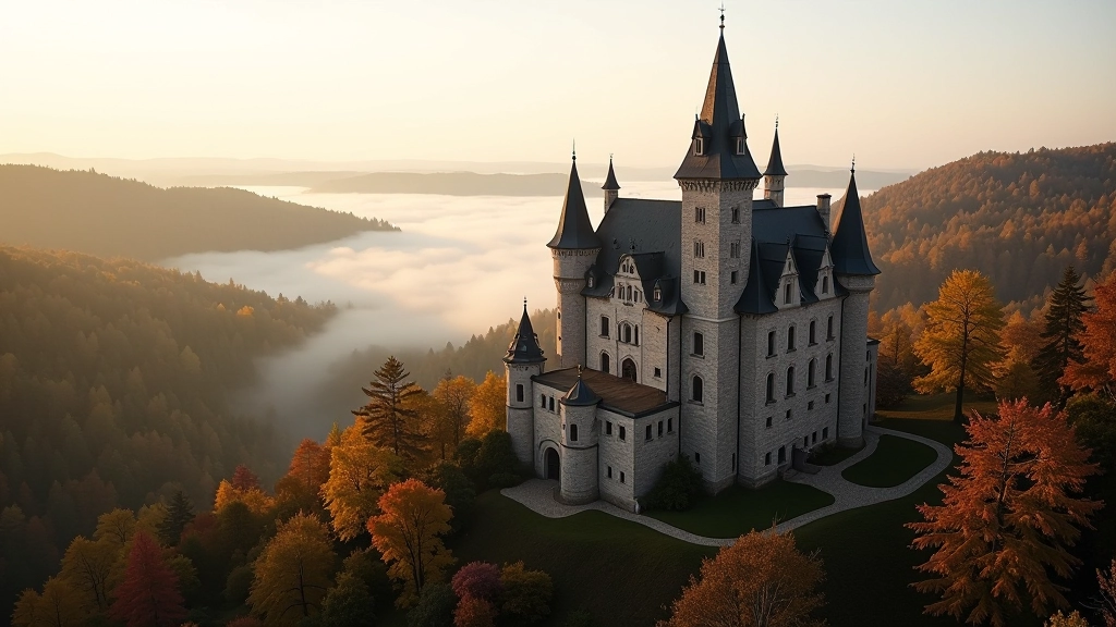 Stone castle with multiple turrets and defensive walls overlooking misty valley with autumn forest