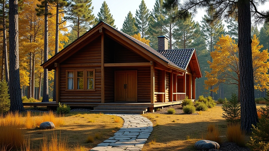 Rustic wooden cottage nestled among tall pine trees with stone pathway leading to entrance in autumn forest setting