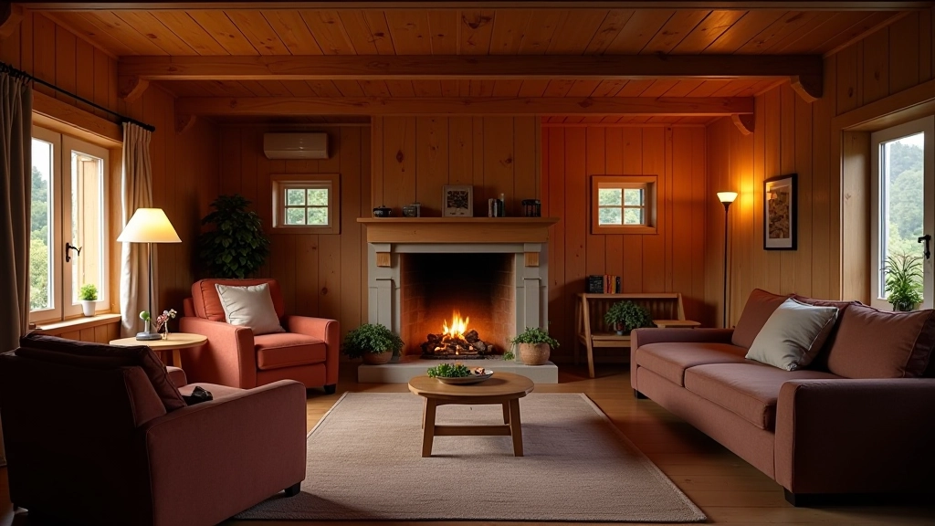 Cozy guesthouse interior with wooden beams, traditional furnishings, and warm fireplace in rustic room