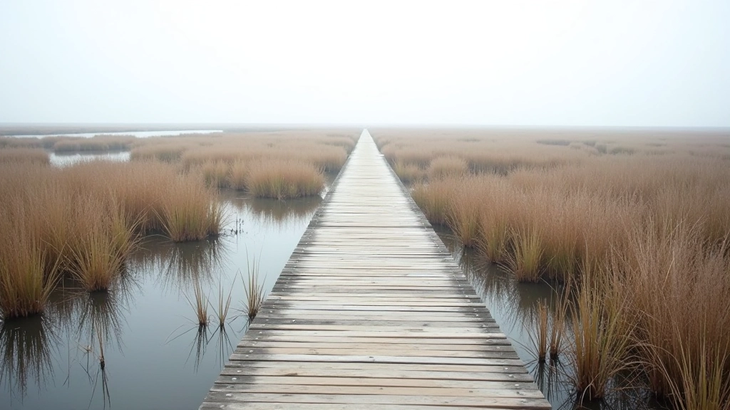 Raised wooden boardwalk crossing through wetland marsh with water reflecting sky, sparse vegetation, and distant tree line under overcast sky