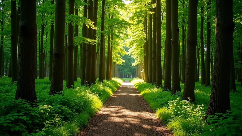 Hiking trail winding through old-growth forest with filtered sunlight creating peaceful dappled shadows on forest floor