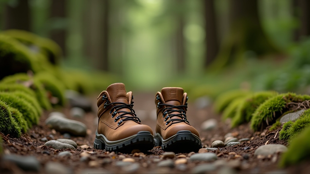 Hiking boots on rocky forest trail with natural landscape, moss-covered stones, and forest vegetation visible in background