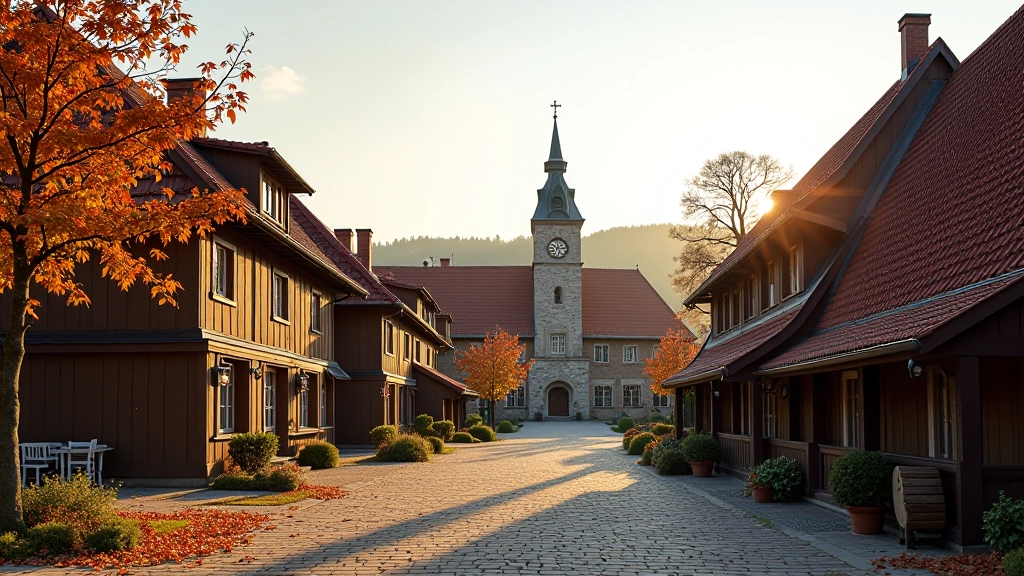 Historic wooden town square with red-roofed buildings and stone church tower in background