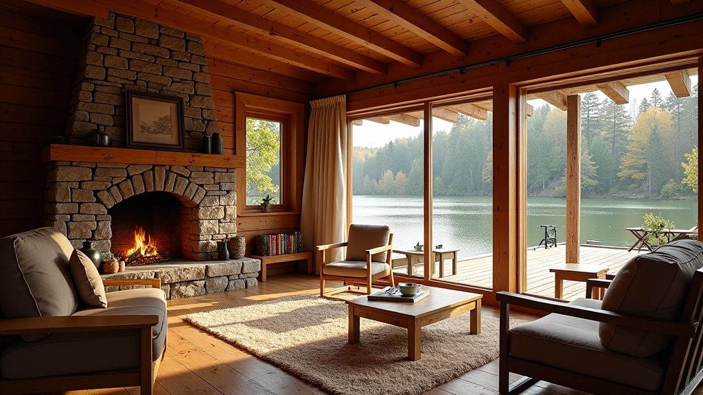 Interior of a traditional wooden cabin with stone fireplace, comfortable seating, and large window overlooking the lake