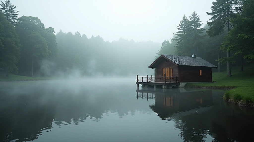 Peaceful lakeside cabin exterior surrounded by forest, morning mist, calm water reflection, serene landscape