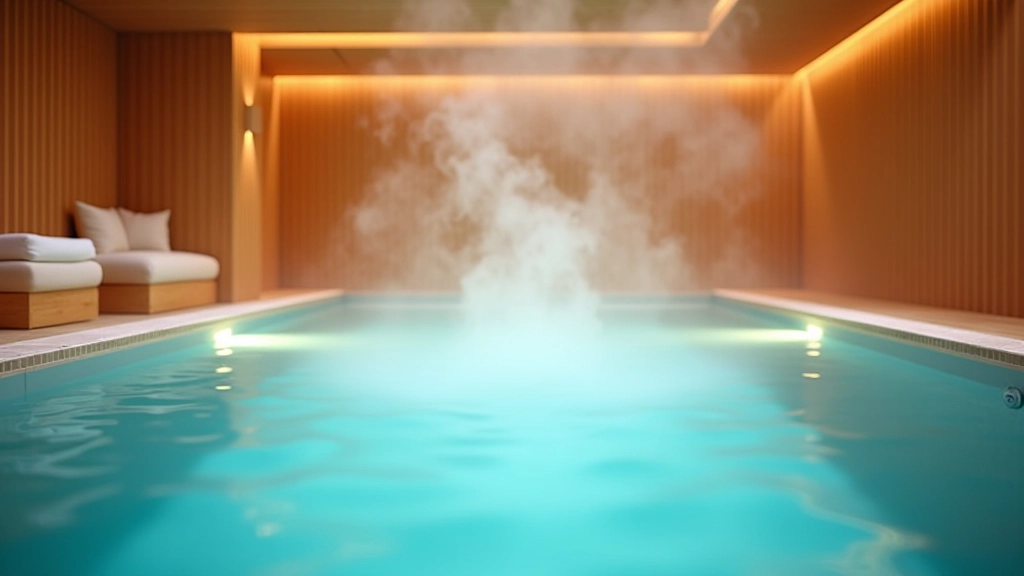 Luxurious indoor thermal pool with natural mineral water, steam rising, modern spa facility with wooden accents and soft lighting