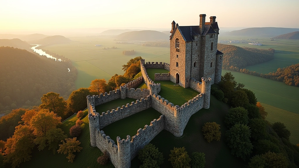 Medieval stone castle ruins perched on hilltop overlooking green Gauja Valley with winding river below