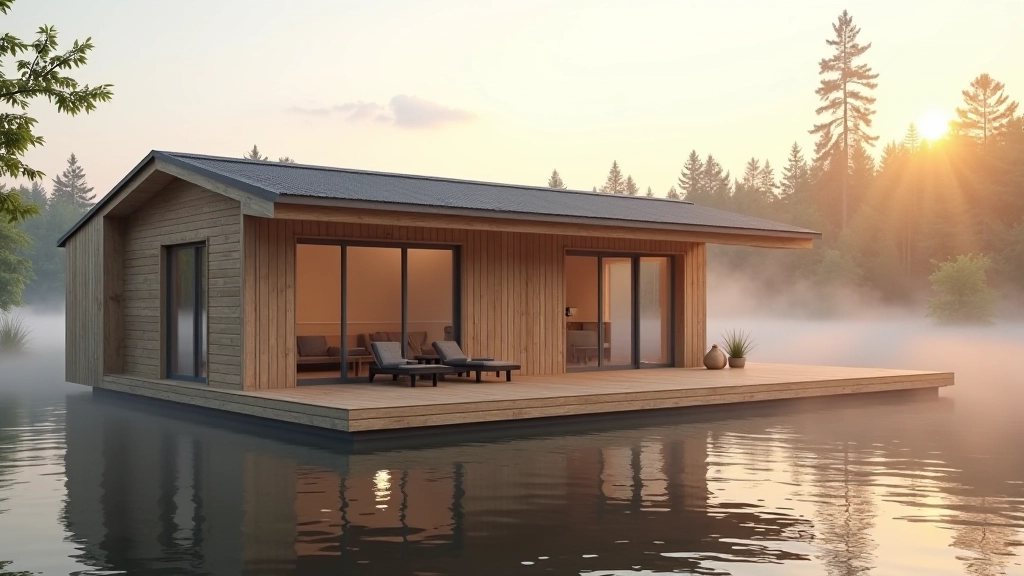 Modern wooden cabin with large windows overlooking calm lake waters at sunrise with misty forest backdrop