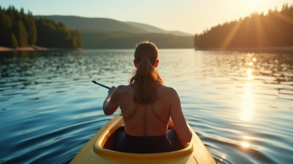 Person kayaking on calm blue lake water with forest shoreline in background, golden hour lighting, peaceful outdoor activity