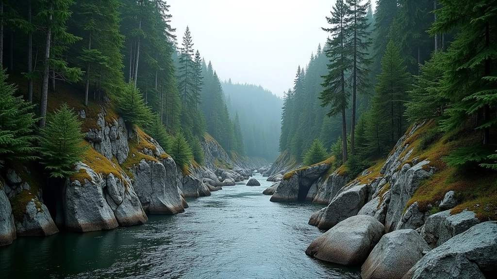 Dense forest valley with river visible far below, dramatic stone cliffs, and tall evergreen trees creating natural ravine landscape in natural daylight