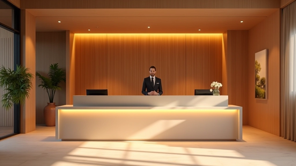 Resort spa reception area with modern design, warm lighting, staff at desk welcoming guests, calm professional atmosphere