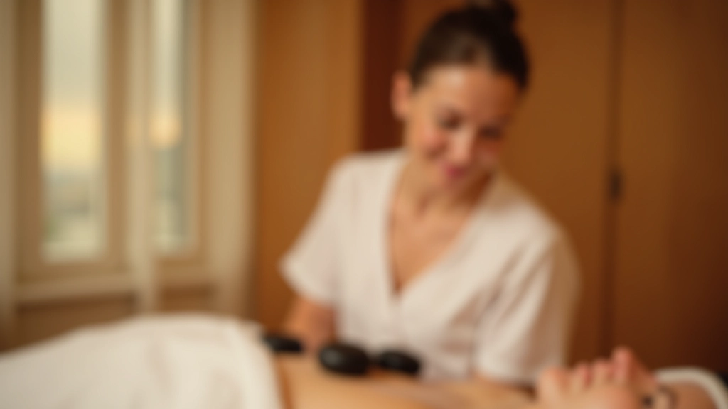 Spa therapist performing hot stone massage treatment on relaxed client in peaceful wellness center