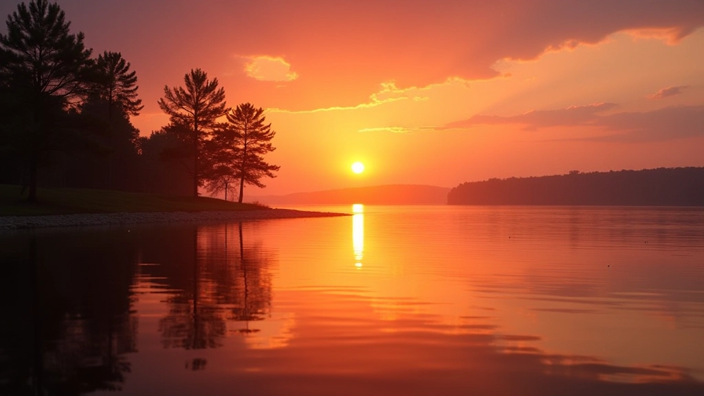 Sunset over calm lake water with golden reflections, silhouetted trees on shoreline, peaceful evening atmosphere