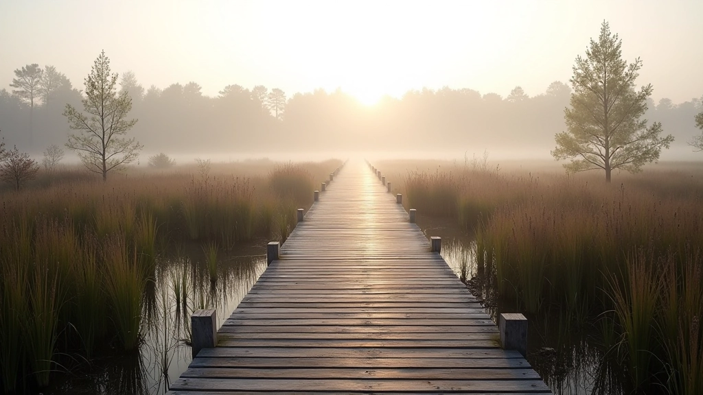 Peaceful wooden boardwalk extending through misty wetland with tall grasses and scattered birch trees in soft morning light