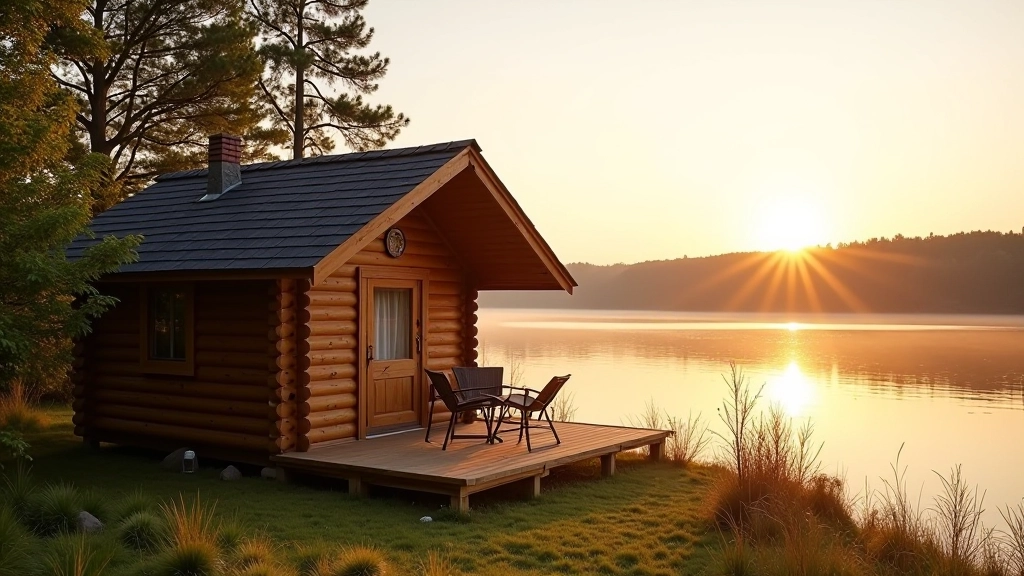Lakeside cabin at sunset
